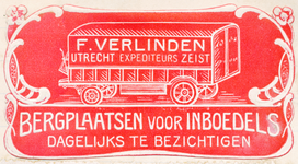 710104 Sluitzegel van F. Verlinden, Expediteurs, Utrecht Zeist, [Kantoor Utrecht: Achter St. Pieter 12 en Kantoor ...